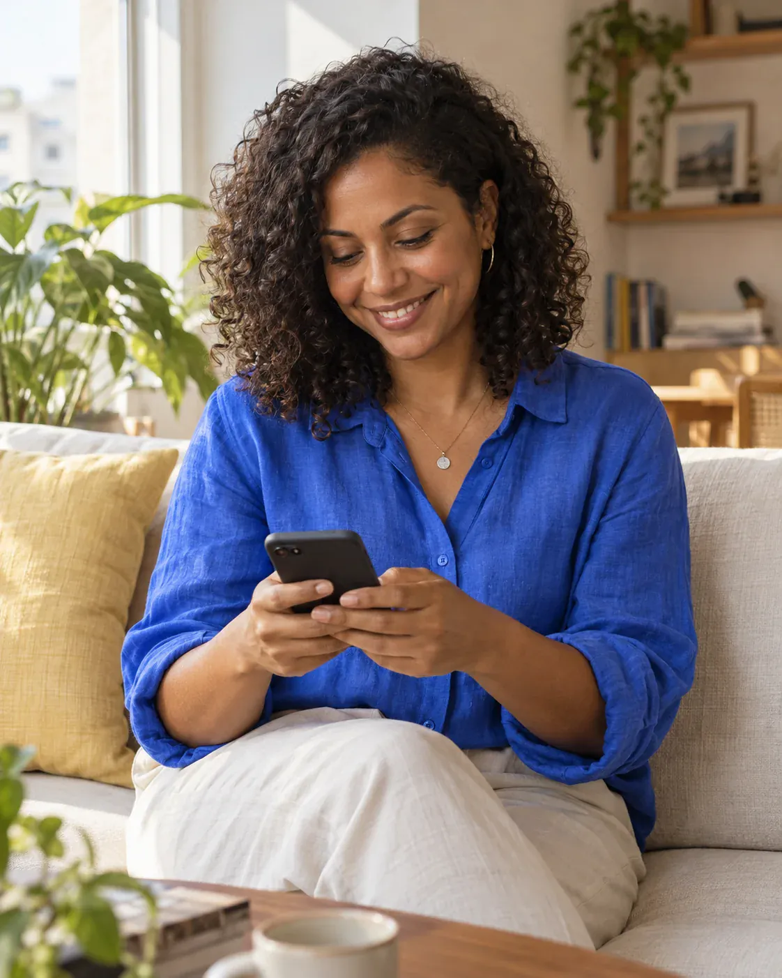 Mulher compartilhando uma mensagem pelo celular em um ambiente acolhedor