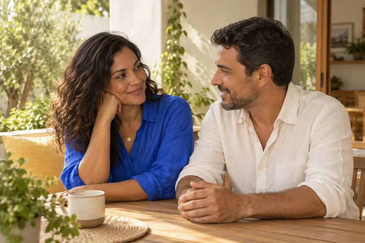 Casal conversando com tranquilidade na varanda de uma casa iluminada